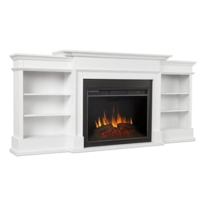 Bowery Hill Solid Wood White TV Stand Rectangular Electric Fireplace 92.38&quot Unassembled