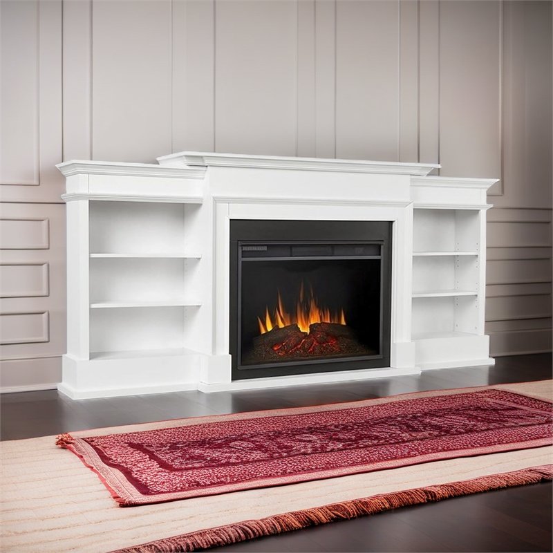 Bowery Hill Solid Wood White TV Stand Rectangular Electric Fireplace 92.38