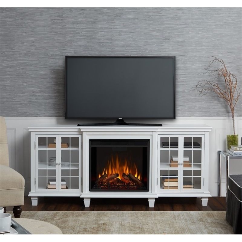Bowery Hill Solid Wood White TV Stand Rectangular Electric Fireplace 70