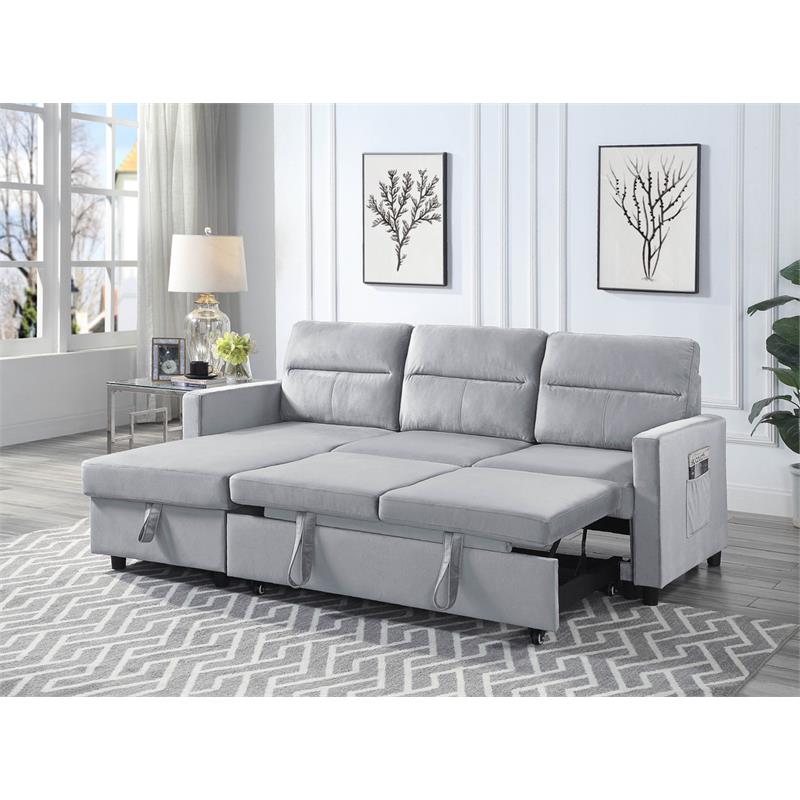 Bowery Hill Light Gray Velvet Reversible Sleeper Sectional with Storage Chaise