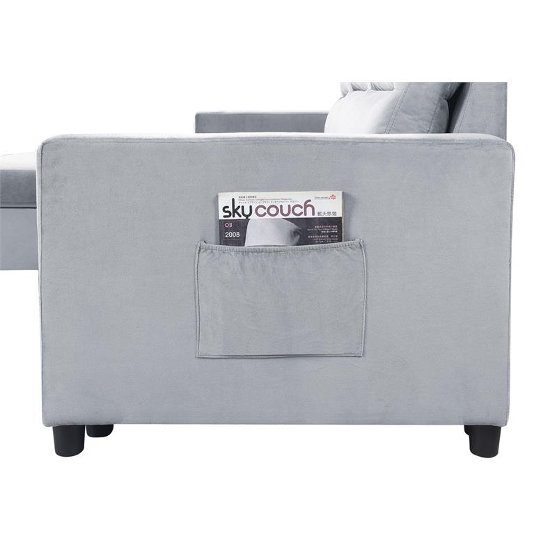 Bowery Hill Light Gray Velvet Reversible Sleeper Sectional with Storage Chaise