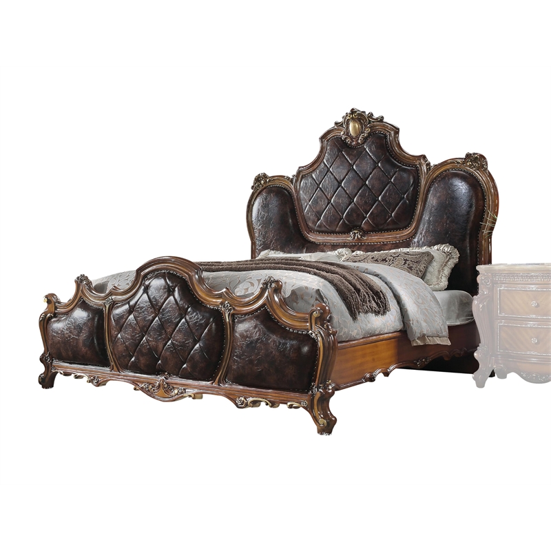 Bowery Hill Traditional Queen Bed in Faux Leather & Cherry Oak
