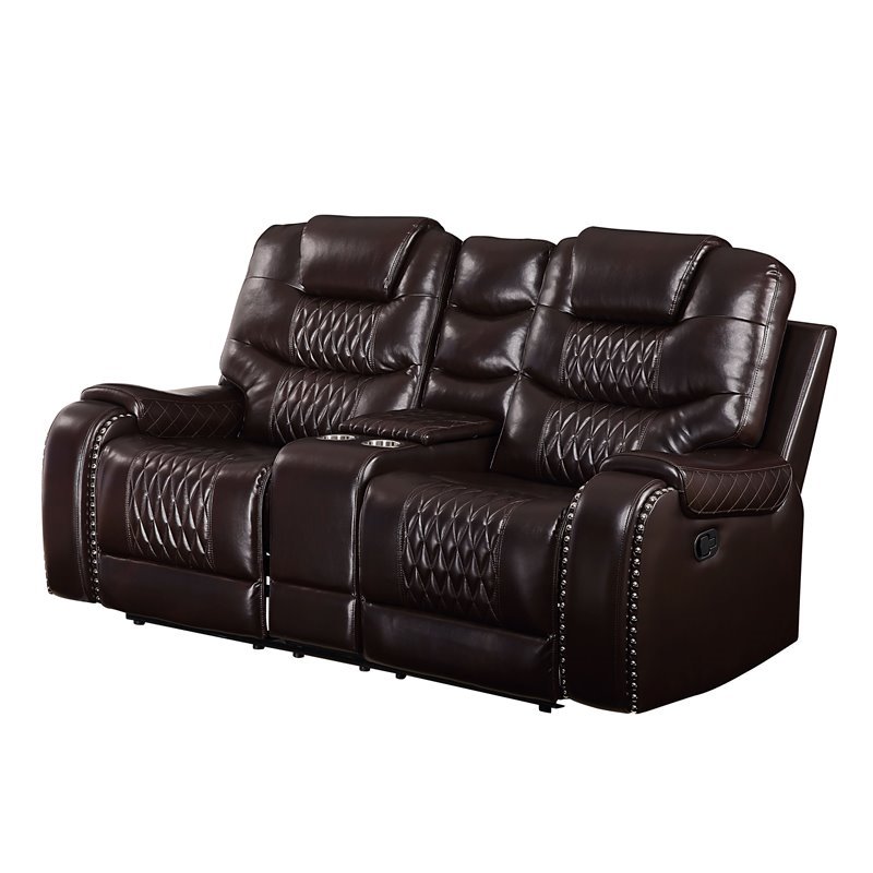 Bowery Hill Contemporary Loveseat with Console in Brown PU