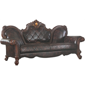 Bowery Hill Traditional Sofa with 3 Pillows in Vintage Cherry Oak & PU