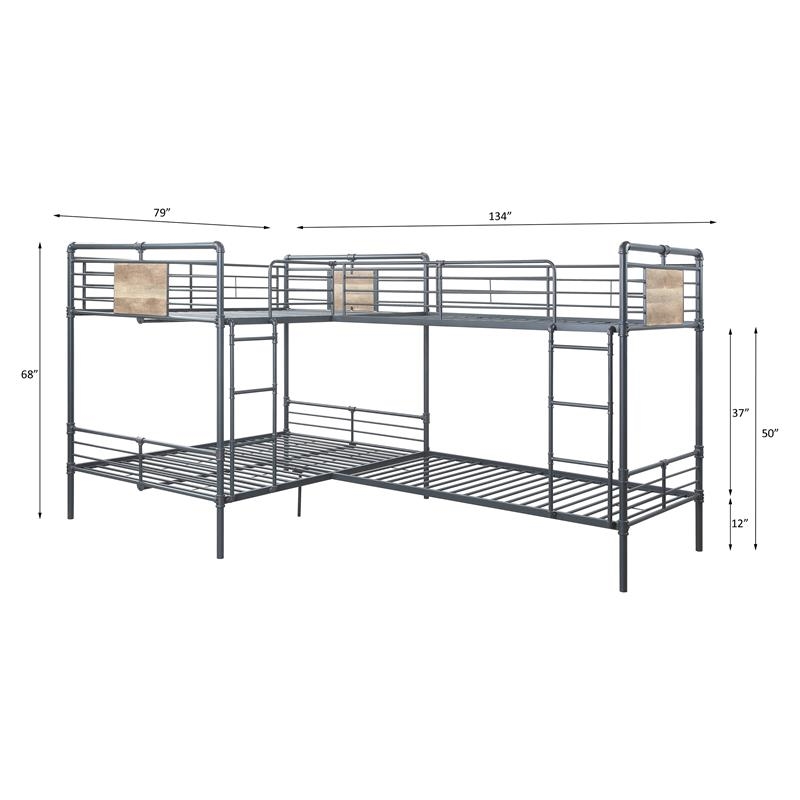Bowery Hill Contemporary Metal Twin Full L Shape Bunk Bed in Bronze/Sandy Black