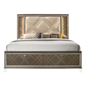 Bowery Hill Modern Queen Bed with Storage in LED in PU and Dark Champagne