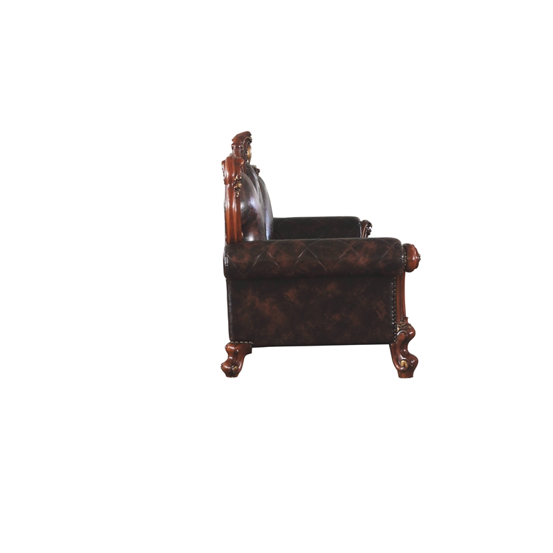 Bowery Hill Faux Leather Upholstered Sofa with 5 Pillows in Vintage Cherry Oak
