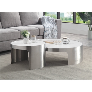 Bowery Hill Modern Nesting Cocktail 2 Pc Sets in Marble & Brush Silver Finish