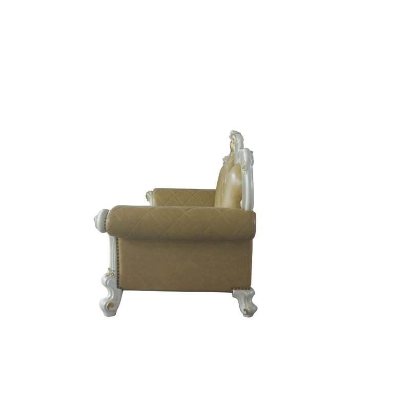 Bowery Hill Traditional Sofa with Pillows in Antique Pearl and Butterscotch PU