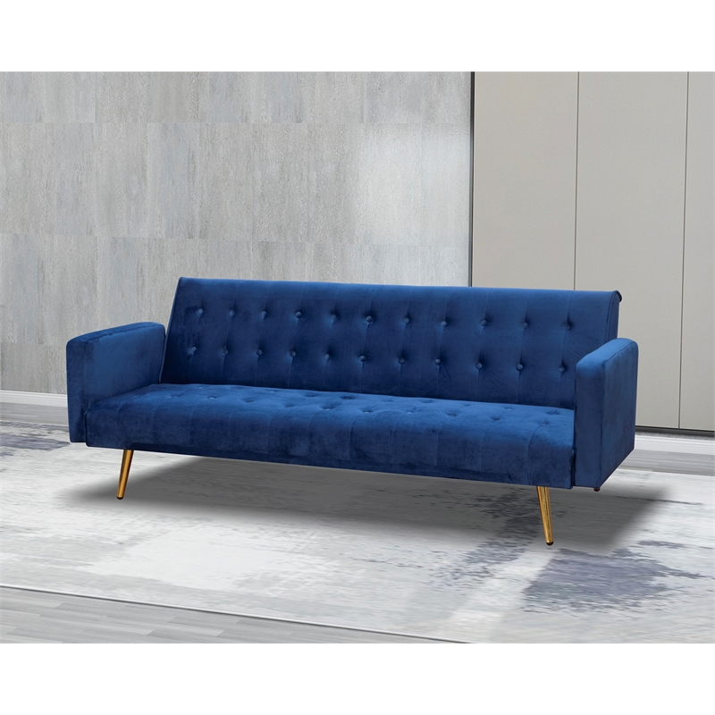 Bowery Hill Velvet Blue Convertible Sofa Rectangular Multi-Position 76