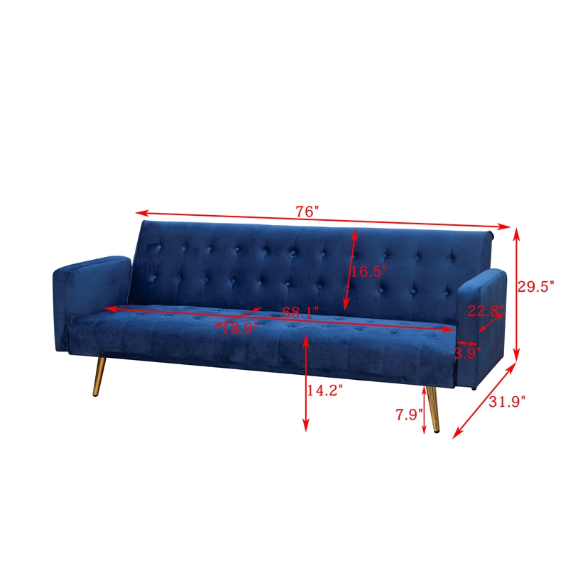 Bowery Hill Velvet Blue Convertible Sofa Rectangular Multi-Position 76