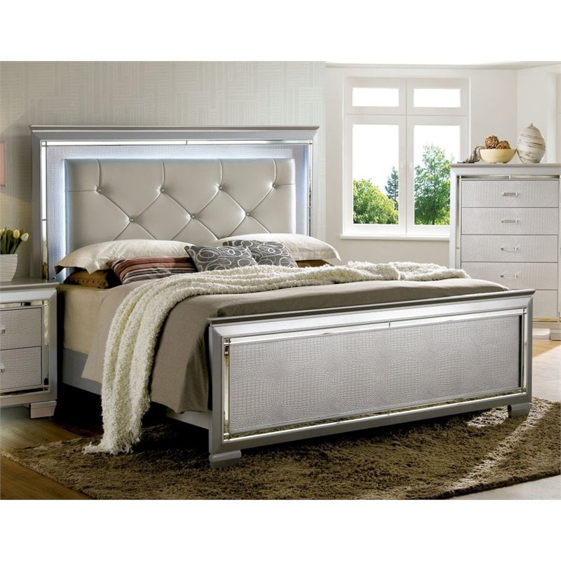 Bowery Hill Solid Wood Silver King Panel Bed Rectangular LED Lighting 65