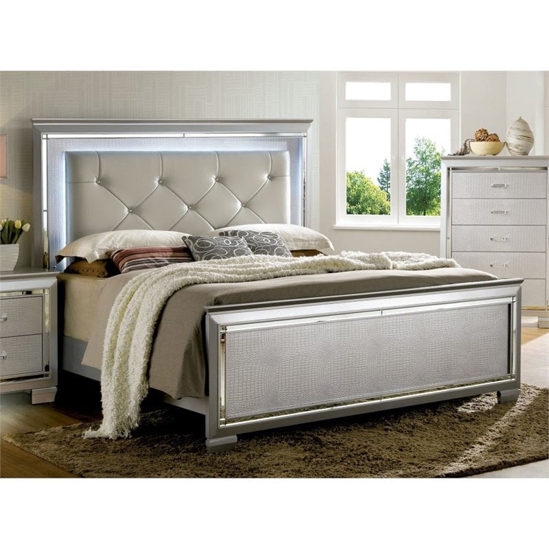 Bowery Hill Contemporary Wood Queen LED Panel Bed with Mirror Trim in Silver