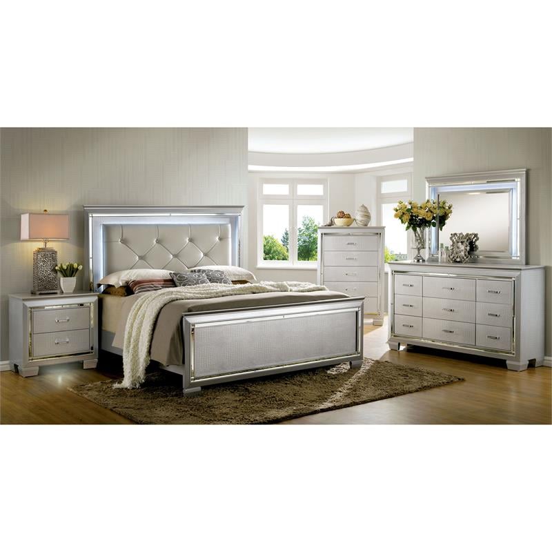 Bowery Hill Contemporary Wood Queen LED Panel Bed with Mirror Trim in Silver