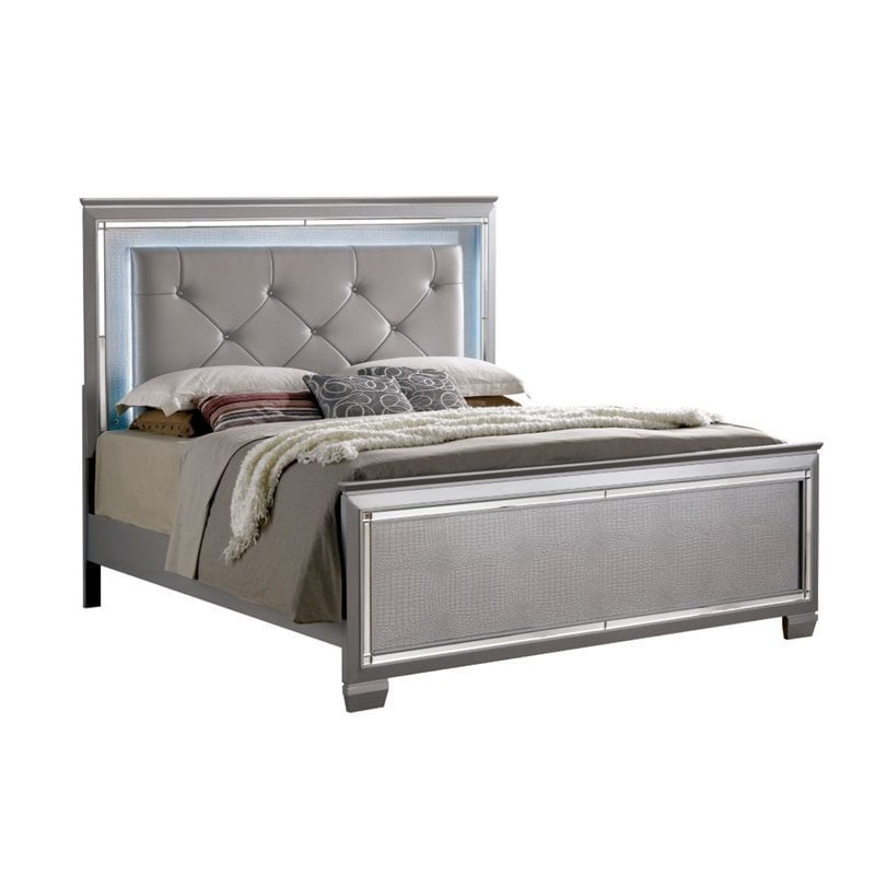 Bowery Hill Contemporary Wood Queen LED Panel Bed with Mirror Trim in Silver