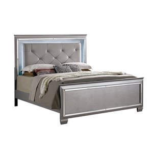 Bowery Hill Contemporary Wood Queen LED Panel Bed with Mirror Trim in Silver