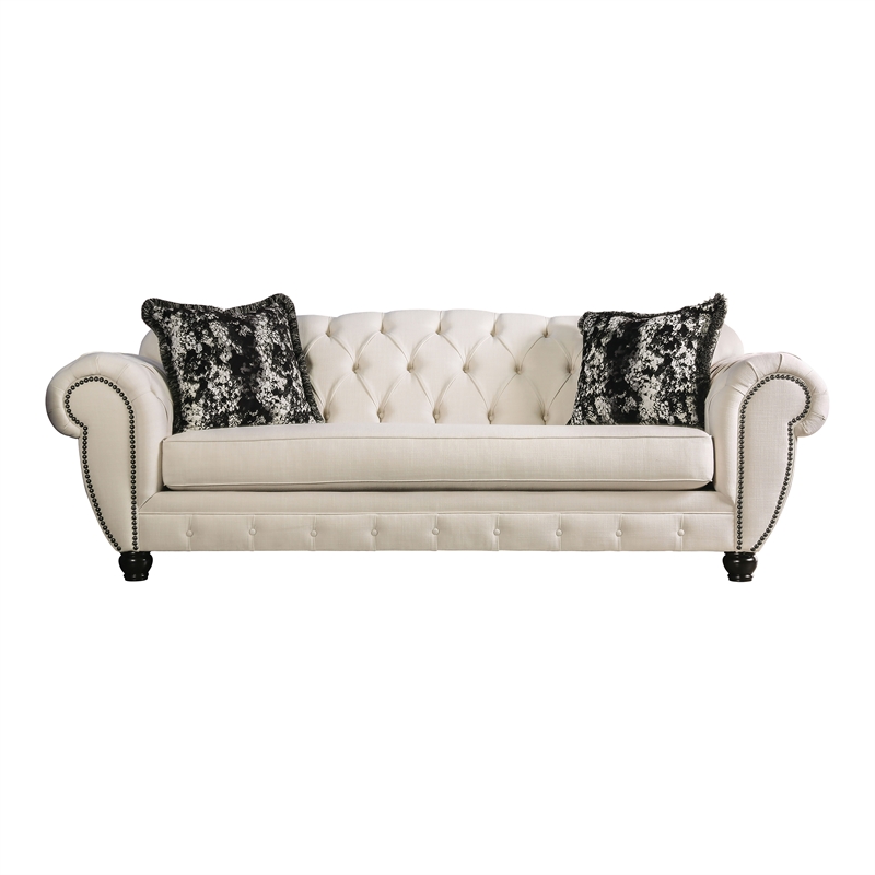 Bowery Hill Transitional Fabric Sofa with Pillows in Beige/Black