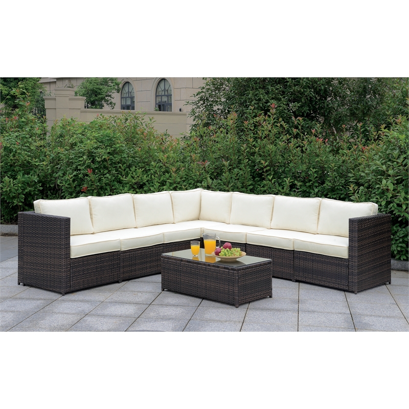 Bowery Hill Contemporary Rattan Patio Left Arm Chair in Brown and Beige