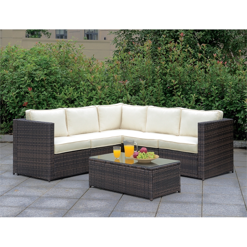 Bowery Hill Contemporary Rattan Patio Corner Chair in Brown and Beige