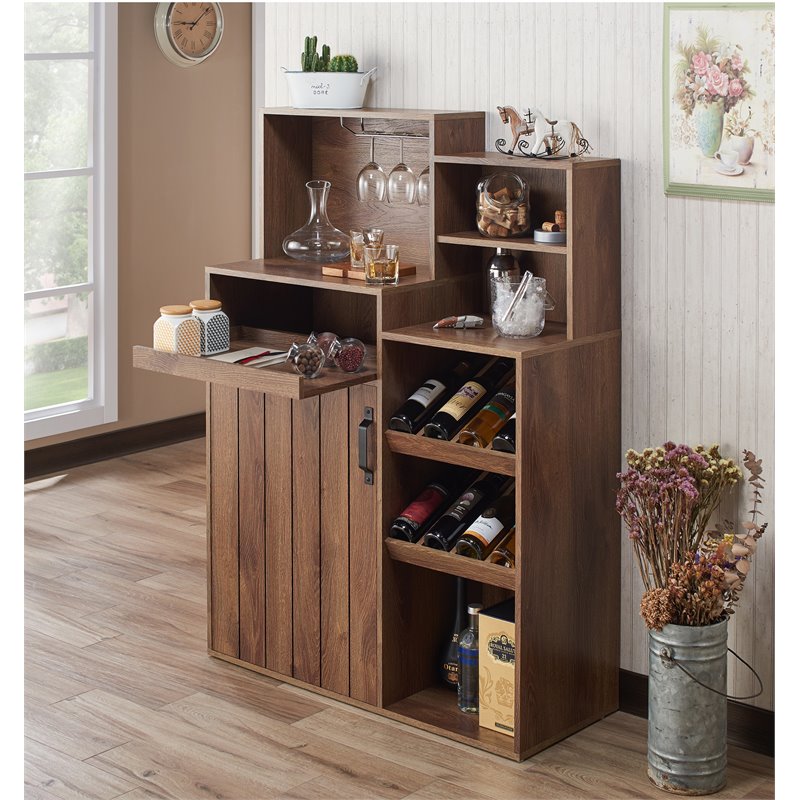 Bowery Hill Wood Distressed Walnut Bar Cabinet Rectangular Multi-Storage 39.37