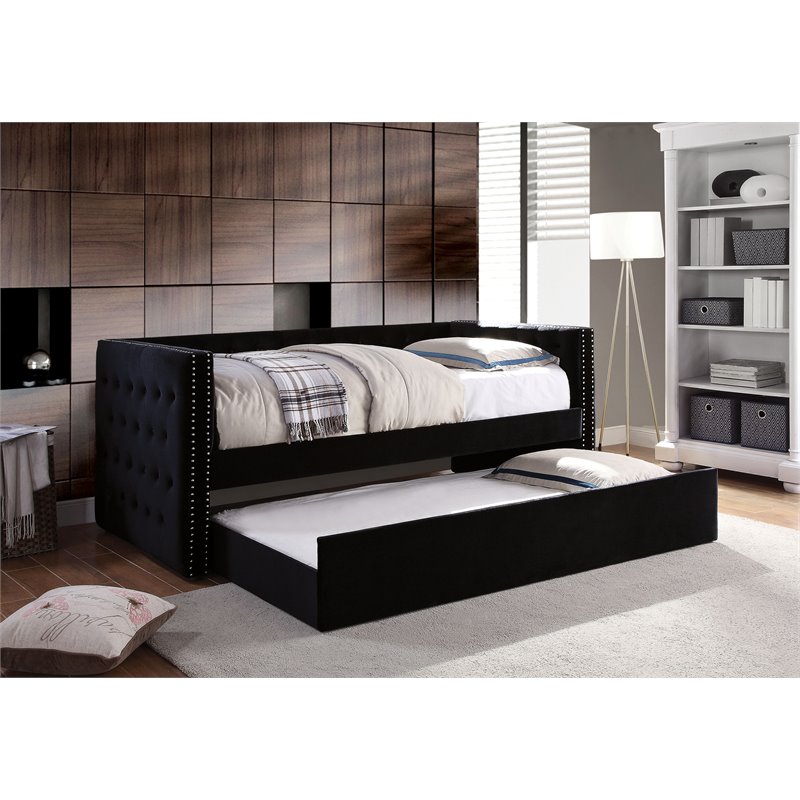 Bowery Hill Upholstered Black Daybed Rectangular Nailhead Trim 87.63