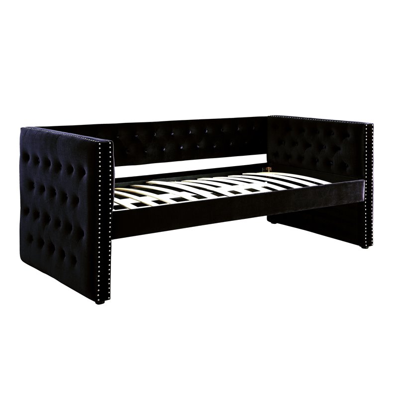 Bowery Hill Upholstered Black Daybed Rectangular Nailhead Trim 87.63