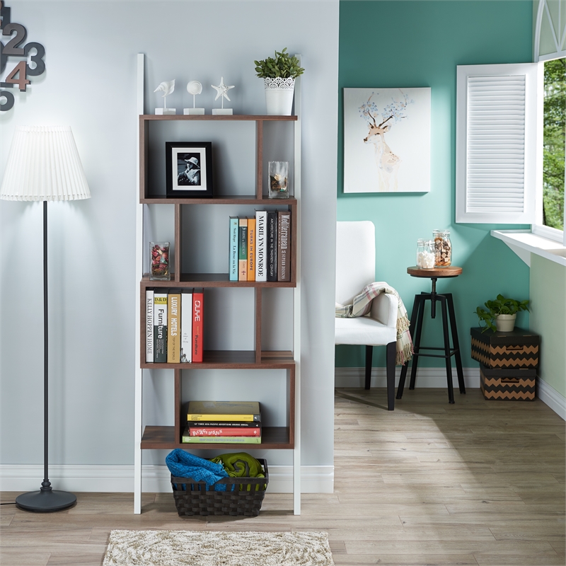 Bowery Hill 4-Shelf Zigzag Structure Modern Wood Bookcase in Walnut
