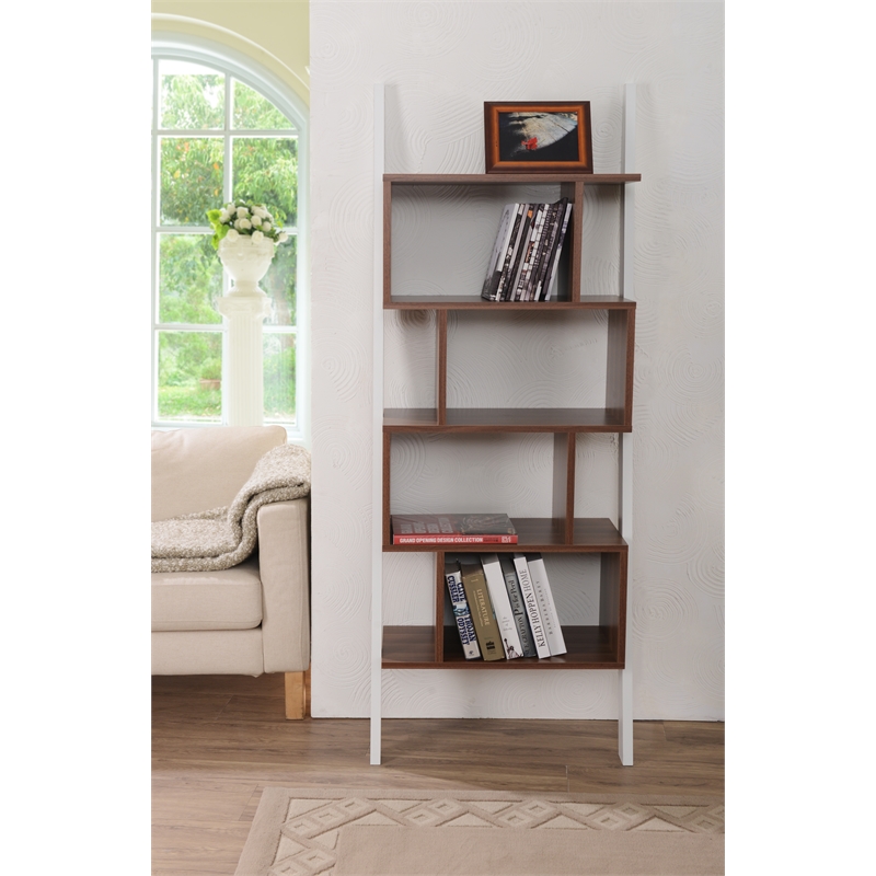 Bowery Hill 4-Shelf Zigzag Structure Modern Wood Bookcase in Walnut