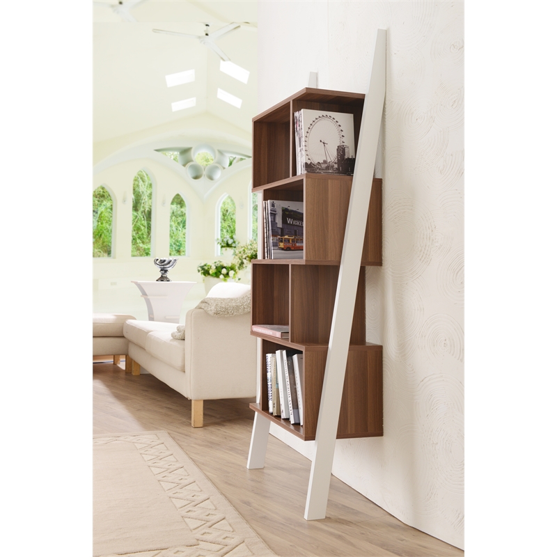 Bowery Hill 4-Shelf Zigzag Structure Modern Wood Bookcase in Walnut
