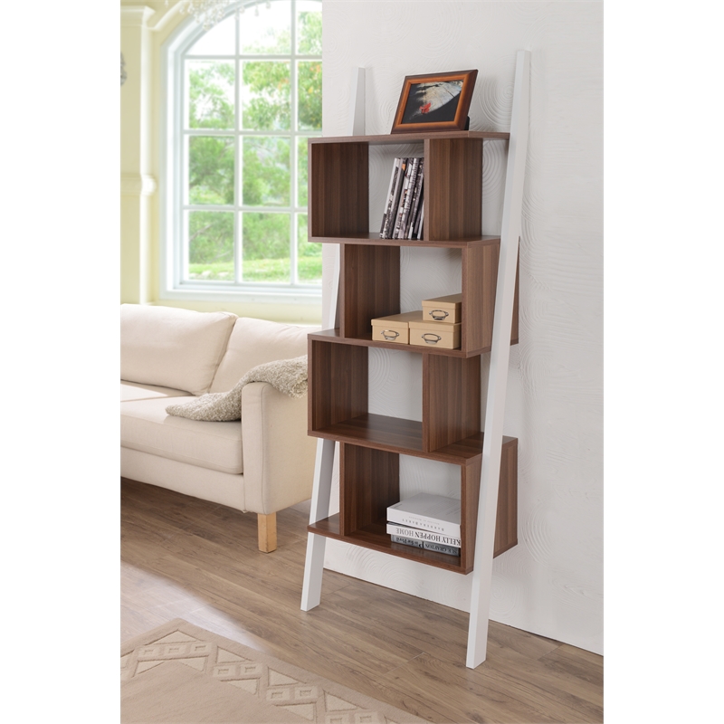 Bowery Hill 4-Shelf Zigzag Structure Modern Wood Bookcase in Walnut
