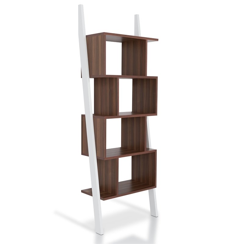 Bowery Hill 4-Shelf Zigzag Structure Modern Wood Bookcase in Walnut