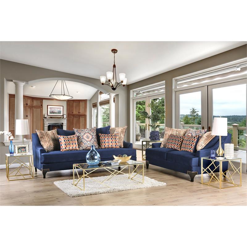 Bowery Hill Transitional Chenille Sofa with Wood Legs in Navy
