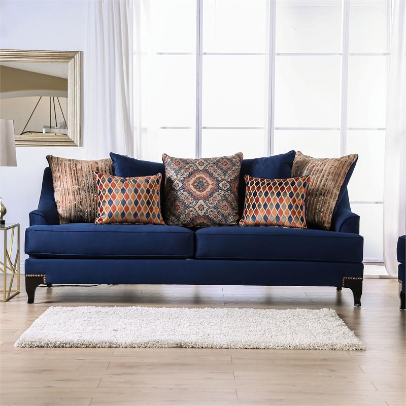Bowery Hill Transitional Chenille Sofa with Wood Legs in Navy