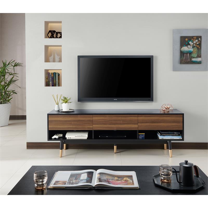 Bowery Hill Mid-century Wood 3-Drawer TV Stand in Black