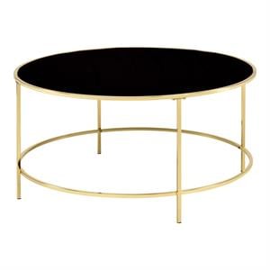 Bowery Hill Contemporary Glass Top Round Coffee Table in Brass