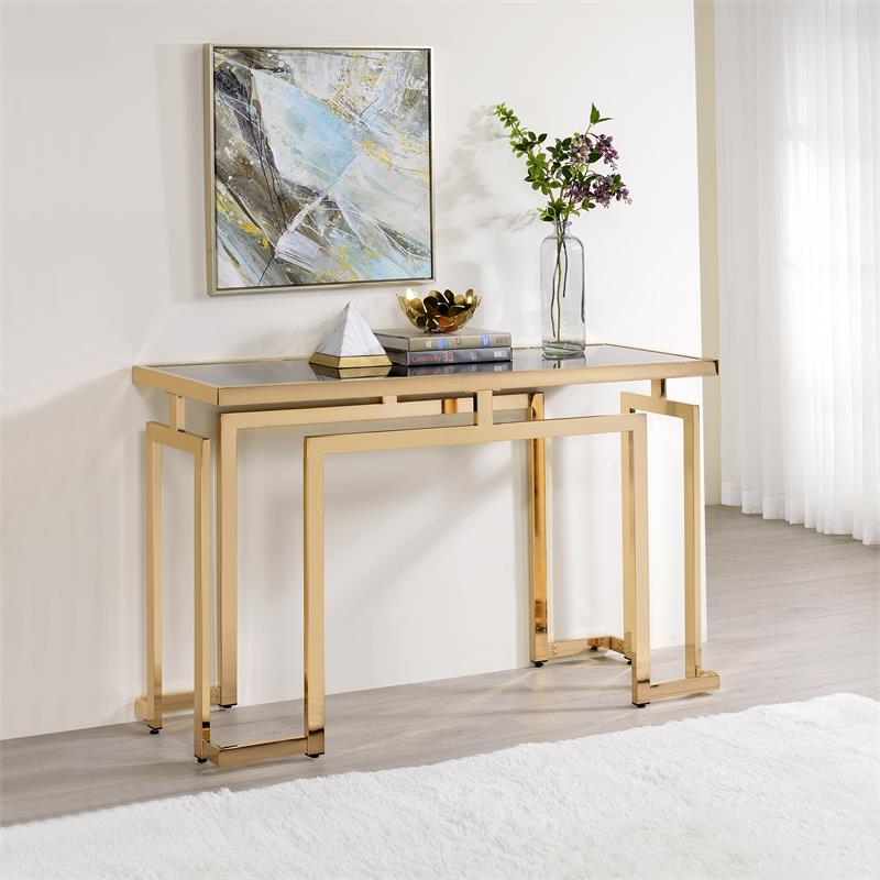 Bowery Hill Glass Gold Console Table Rectangular Geometric Base 52