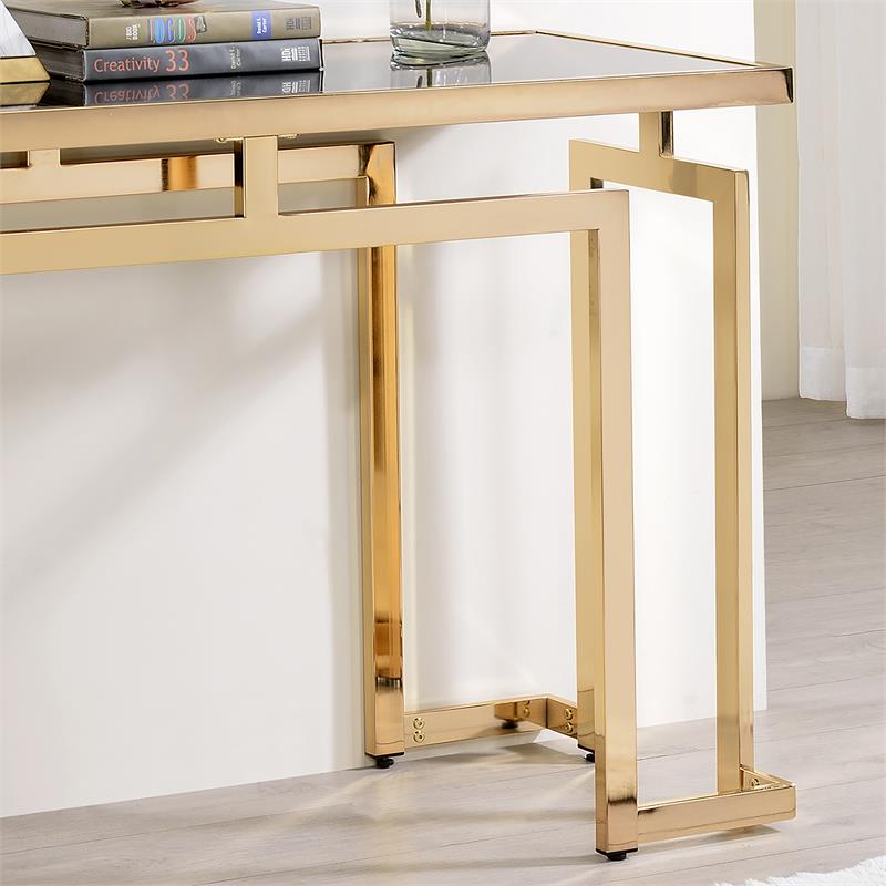 Bowery Hill Glass Gold Console Table Rectangular Geometric Base 52