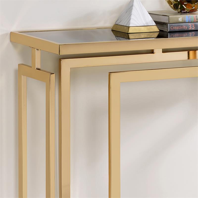 Bowery Hill Glass Gold Console Table Rectangular Geometric Base 52