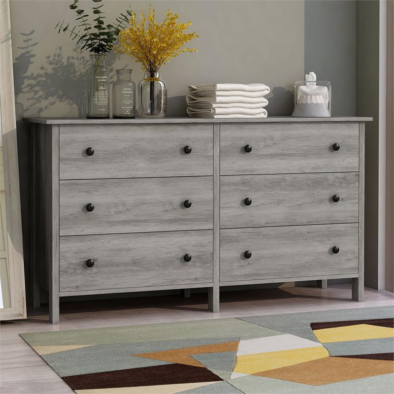 Bowery Hill Transitional Wood 6-Drawer Dresser in Gray Oak