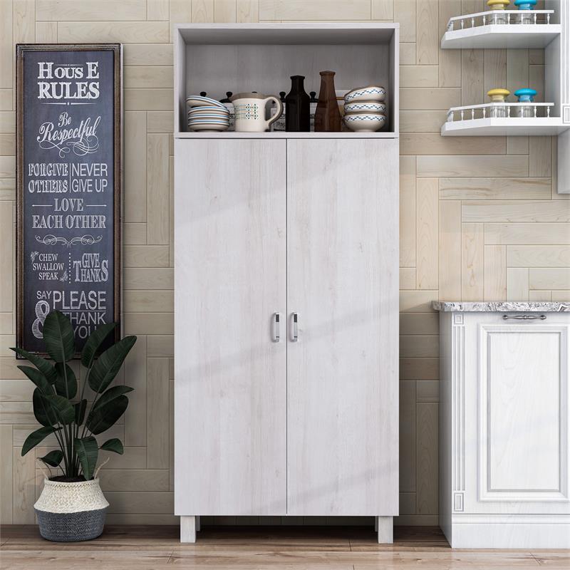 Bowery Hill 5 Shelves & 2 Doors Contemporary Wood Pantry in White Oak