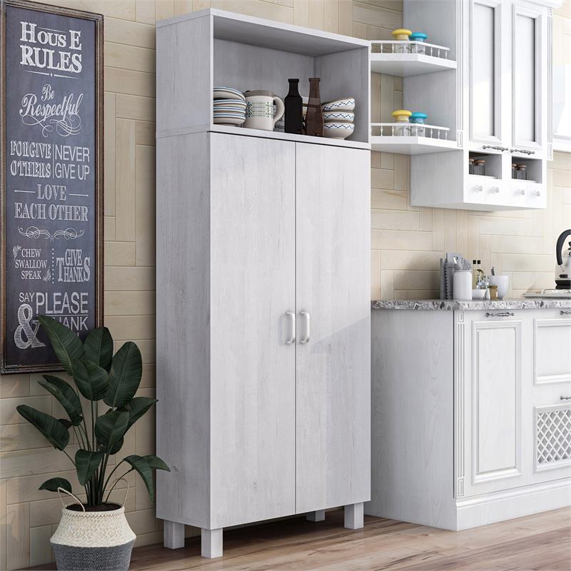 Bowery Hill 5 Shelves & 2 Doors Contemporary Wood Pantry in White Oak