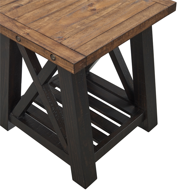 Bowery Hill Farmhouse Solid Wood End Table in Black Stain and Natural