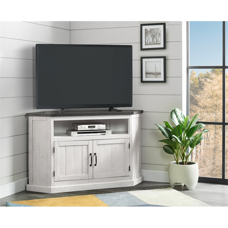 Bowery Hill Solid Wood White TV Stand Corner Lightning Fast Assembly 50