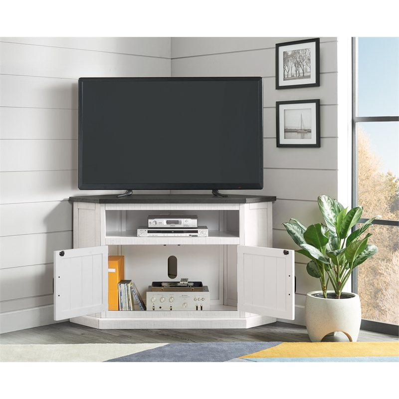 Bowery Hill Solid Wood White TV Stand Corner Lightning Fast Assembly 50