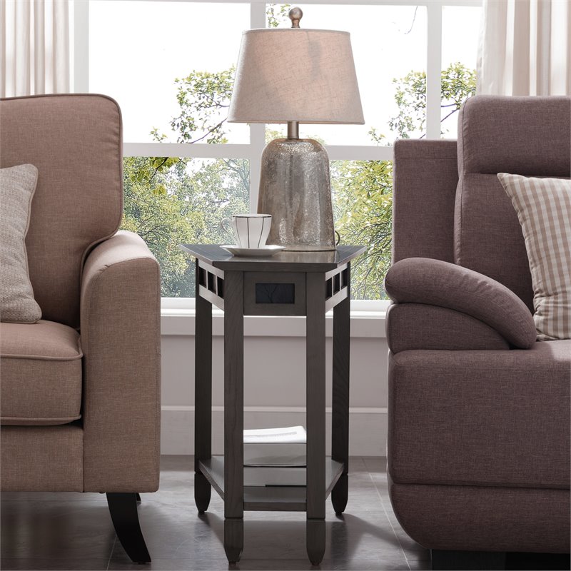 Bowery Hill Wood Wedge Table with Shelf in Smoke Gray/Black Slate