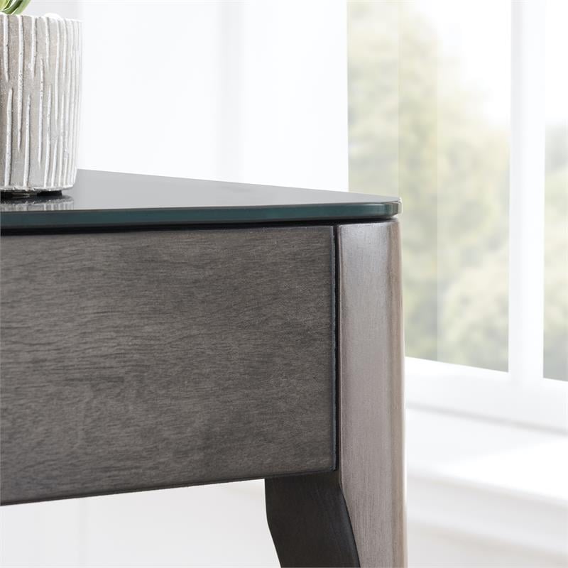 Bowery Hill Glass Top Wedge End Table with Shelf in Gray/Black