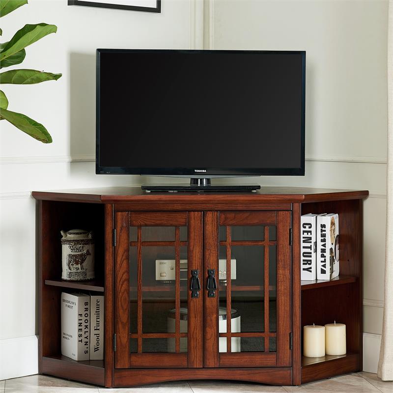Bowery Hill Wood Rich Mission Oak Corner TV Stand Rectangular Tempered Glass 46