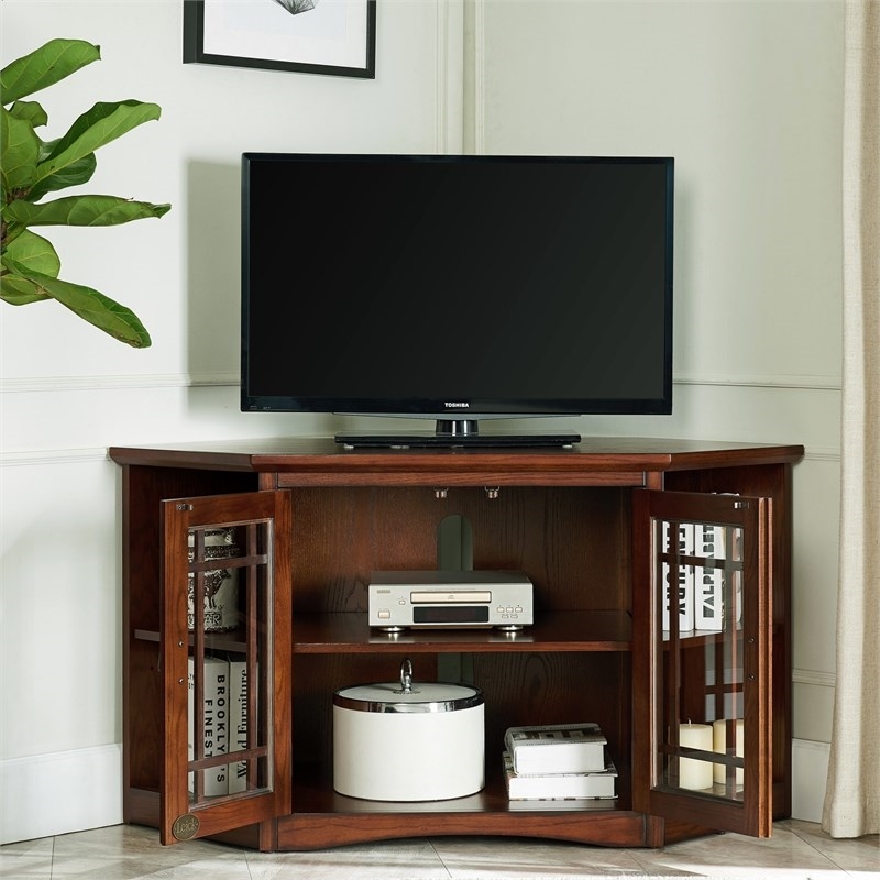 Bowery Hill Wood Rich Mission Oak Corner TV Stand Rectangular Tempered Glass 46
