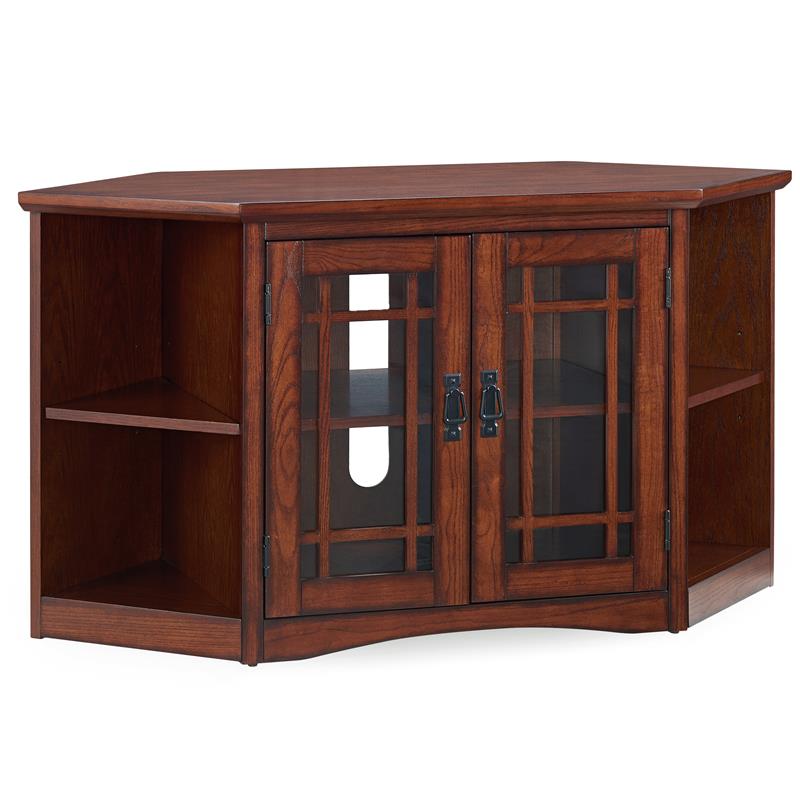 Bowery Hill Wood Rich Mission Oak Corner TV Stand Rectangular Tempered Glass 46