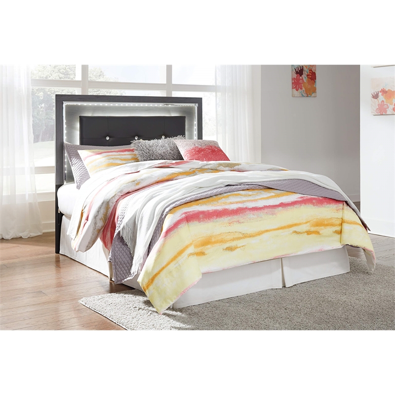 Bowery Hill Engineered Wood/Faux Leather Tufted Full LED Panel Headboard in Gray